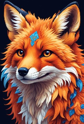 Orange fox portrait with blue feathers