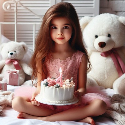 Girl holding birthday cake with teddy bear