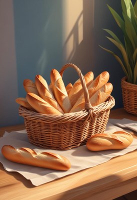 Wicker basket of fresh baguettes