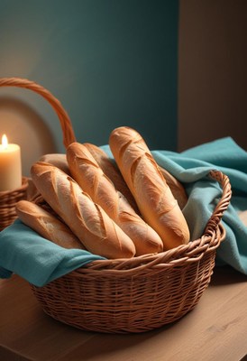 Fresh baguettes in wicker basket