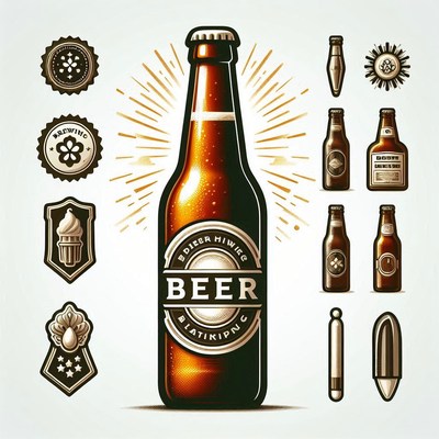 Beer bottle illustration with vintage labels