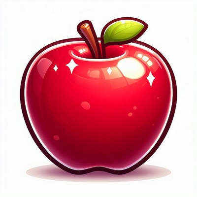 Shiny red apple with green leaf