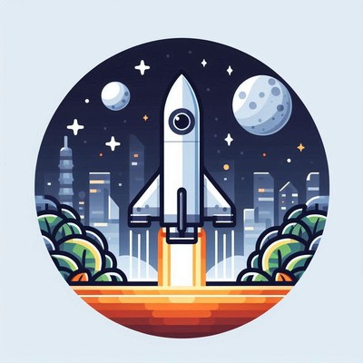 Rocket launching over city at night