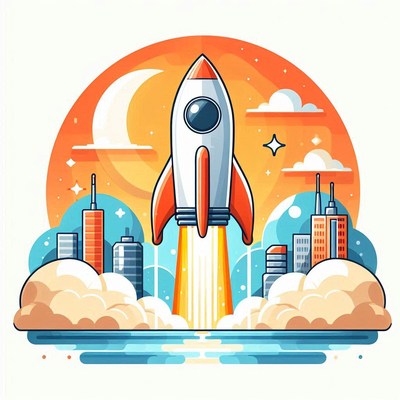 Rocket launching over cityscape at night