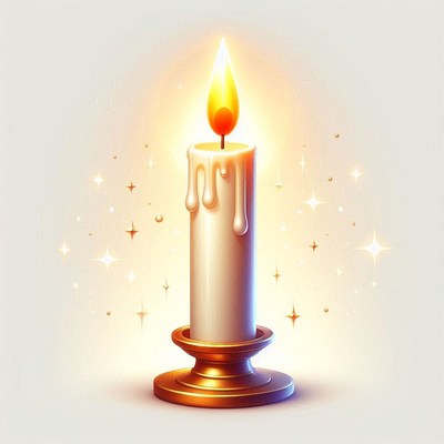 Lit candle with golden base and stars
