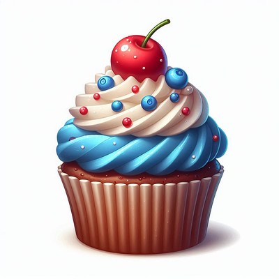 Blue and white icing cupcake with cherry