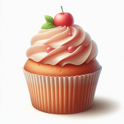 Pink frosted cupcake with cherry