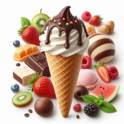 Chocolate-dipped ice cream cone with fruits and sweets