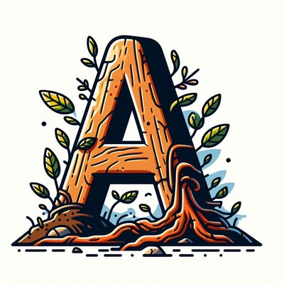 Wooden letter a with roots and plants