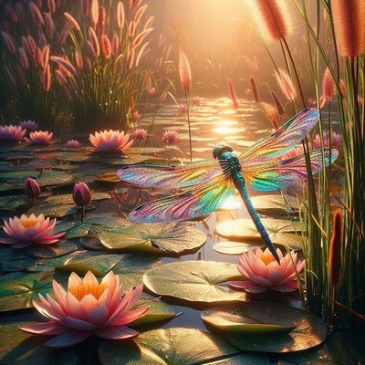 Dragonfly over lily pads at sunset