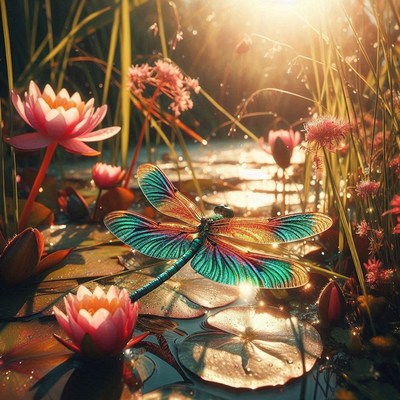 Dragonfly on a lily pad at sunset