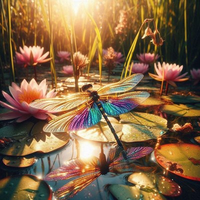 Dragonfly on lily pad at sunset