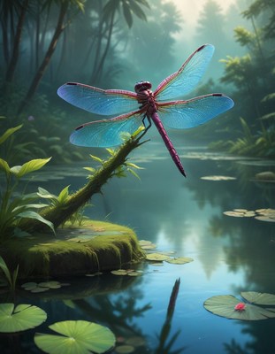 Dragonfly perched on branch over pond