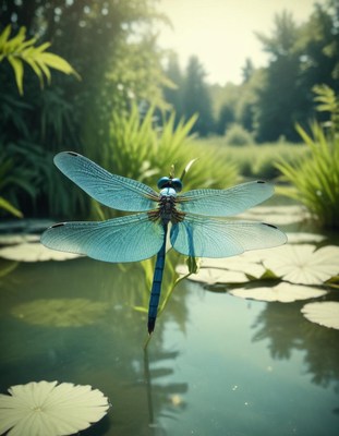 Blue dragonfly perched on plant by pond