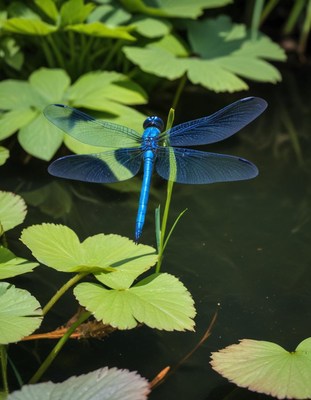 Blue dragonfly perched on plant