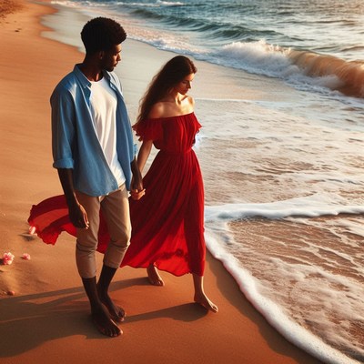 Couple walking on beach at sunset