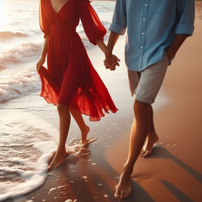 Couple walking on beach at sunset