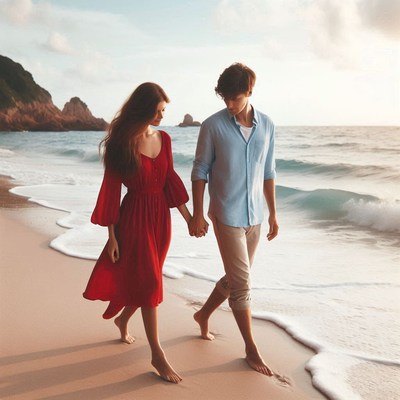 Couple walking on sandy beach at sunset