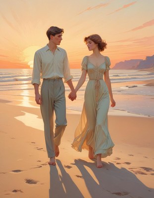 Couple walking on beach at sunset