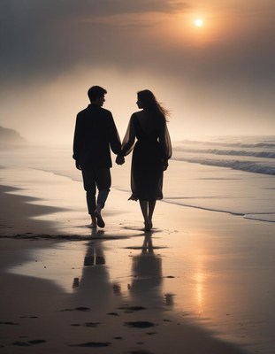 Couple walking on beach at sunset