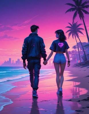 Couple walking on beach at sunset