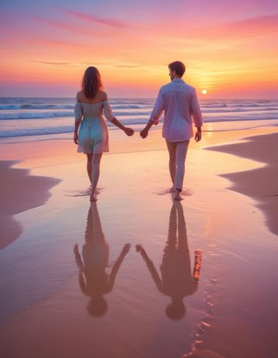 Couple walking on beach at sunset
