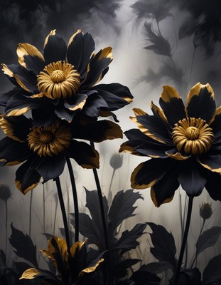 Black and gold flowers in fog
