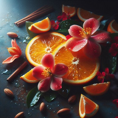 Orange slices and flowers on dark background