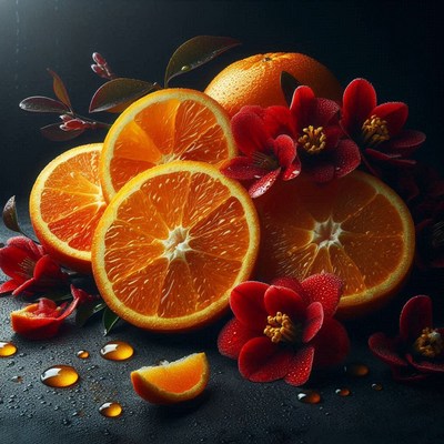 Oranges and flowers on black background