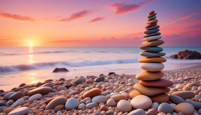 Stone stack at sunset beach