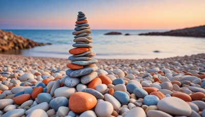 Stone stack on beach at sunset
