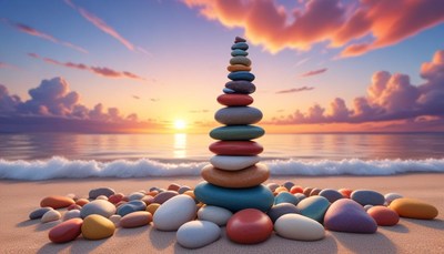 Stone stack at sunset beach