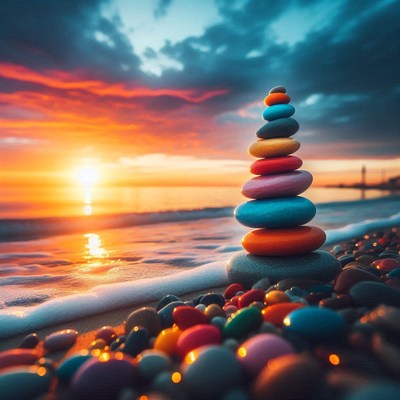 Stone stack at sunset beach