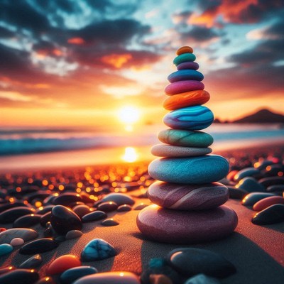 Stone stack at sunset beach