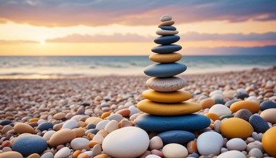 Stone stack on beach at sunset