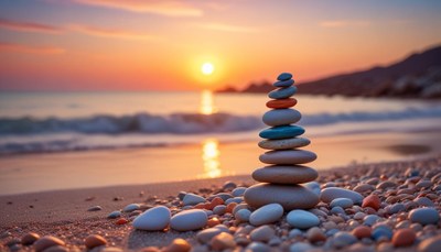 Stone stack at sunset beach