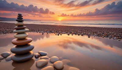 Stone stack on beach at sunset