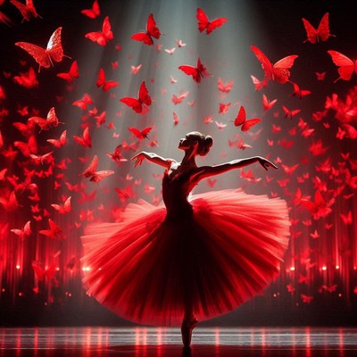 Ballerina in red dress under red butterflies