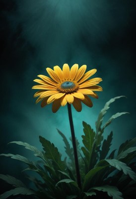 Single yellow flower in a dark garden