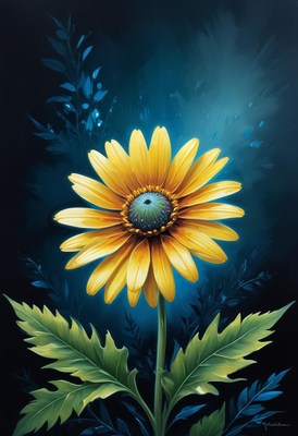 Single yellow daisy in blue light