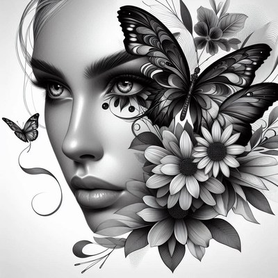 Woman's face with butterflies and flowers