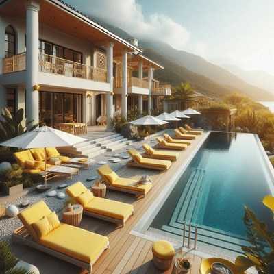 Luxury villa poolside in the morning