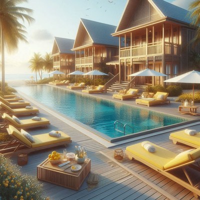 Tropical resort pool with cabanas