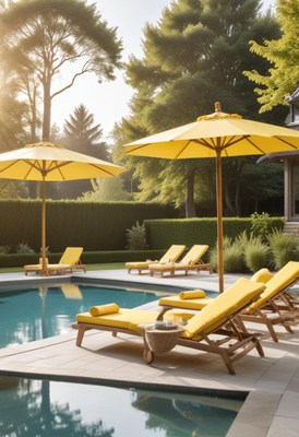 Poolside lounging with yellow umbrellas