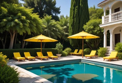 Backyard pool with yellow umbrellas