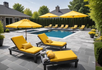 Yellow lounge chairs by pool