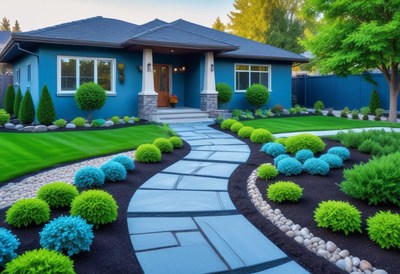 Blue house front yard landscaping