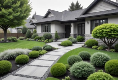 Modern home landscape design with stone walkway