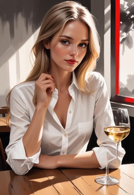 Blonde woman drinking wine at a restaurant