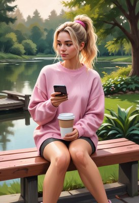 Woman checking phone on bench by lake